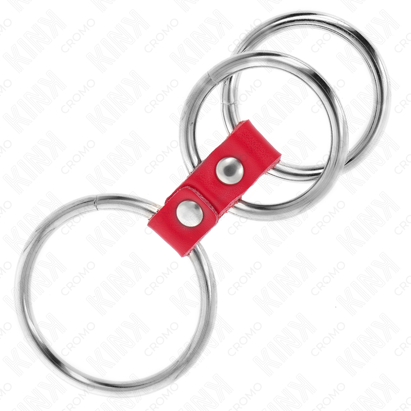 KINK - ANILLO PENE TRIPLE METAL 3.7 CM A 5 CM CONECTADOS CON CUERO ROJO - Imagen 4