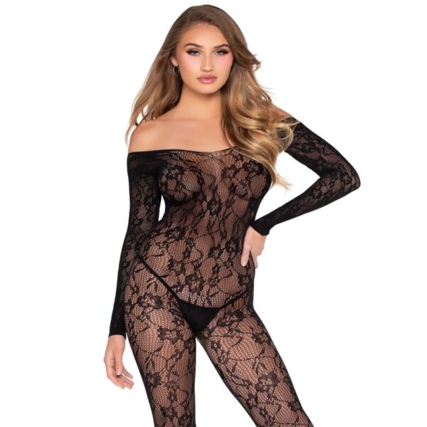LEG AVENUE - 89366 BODYSTOCKING DE LENCERÍA DE ENCAJE NEGRO - TALLA ÚNICA